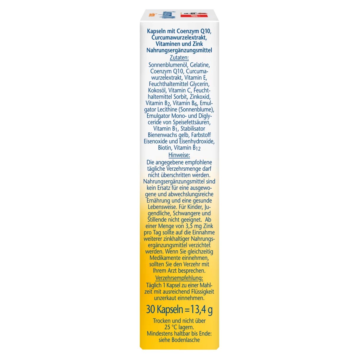 Illustration of the product packaging Doppelherz aktiv Coenzym Q10 + Curcuma  side view right